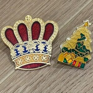 Gold and Red Crown & Christmas Tree Pins